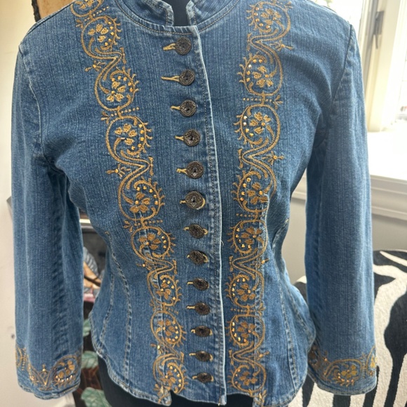 Ornate Baroque Denim Corset Jacket – Gold Embroidery & Button Detail - Picture 2 of 5